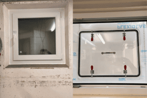 Gegenüberstellung von Hochwasserschutzfenster links und Acrylschott rechts.