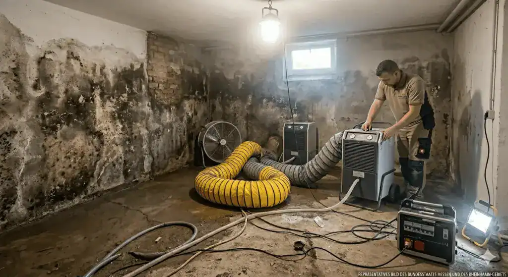 Mann schützt Haus vor Hochwasser mit Trocknungsgerät und Wasserschutzmaßnahmen.