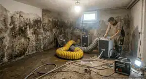 Mann schützt Haus vor Hochwasser mit Trocknungsgerät und Wasserschutzmaßnahmen.